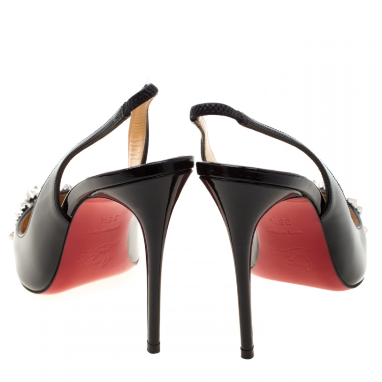 Pre Owned Christian Louboutin Black Patent Leather Drama Studded Slingback Sandals Size 35.5