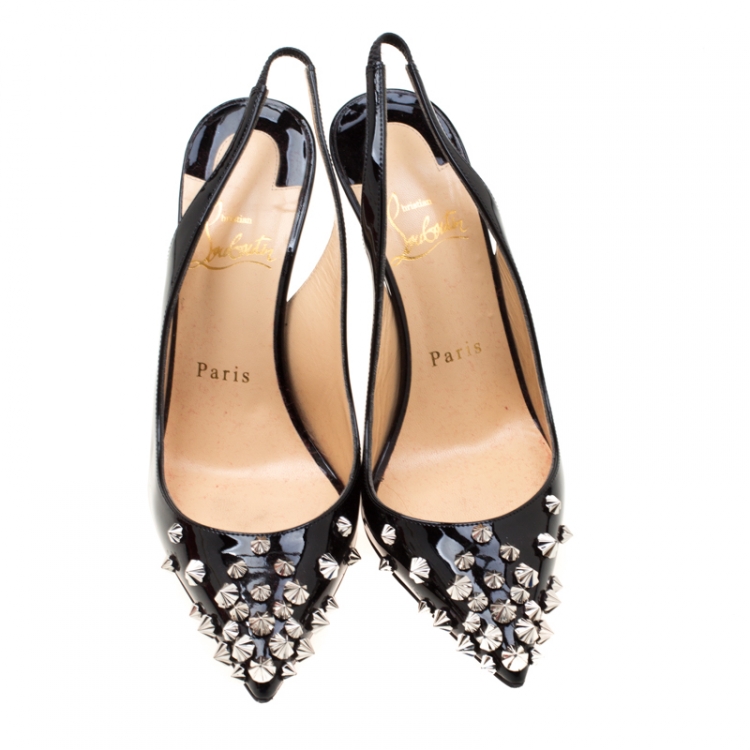 Pre Owned Christian Louboutin Black Patent Leather Drama Studded Slingback Sandals Size 35.5