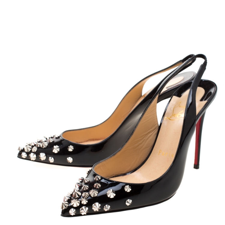 Pre Owned Christian Louboutin Black Patent Leather Drama Studded Slingback Sandals Size 35.5