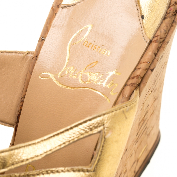 Pre Owned Christian Louboutin Metallic Gold Leather Ankle Strap Cork Wedge Platform Sandals Size 38
