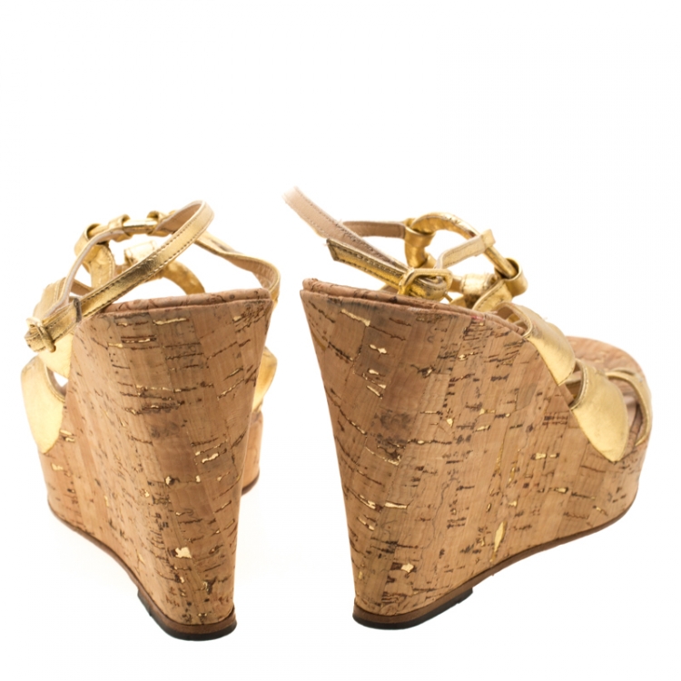 Pre Owned Christian Louboutin Metallic Gold Leather Ankle Strap Cork Wedge Platform Sandals Size 38