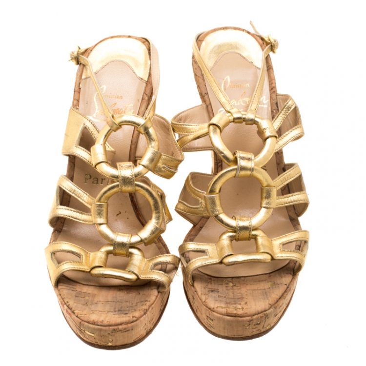Pre Owned Christian Louboutin Metallic Gold Leather Ankle Strap Cork Wedge Platform Sandals Size 38