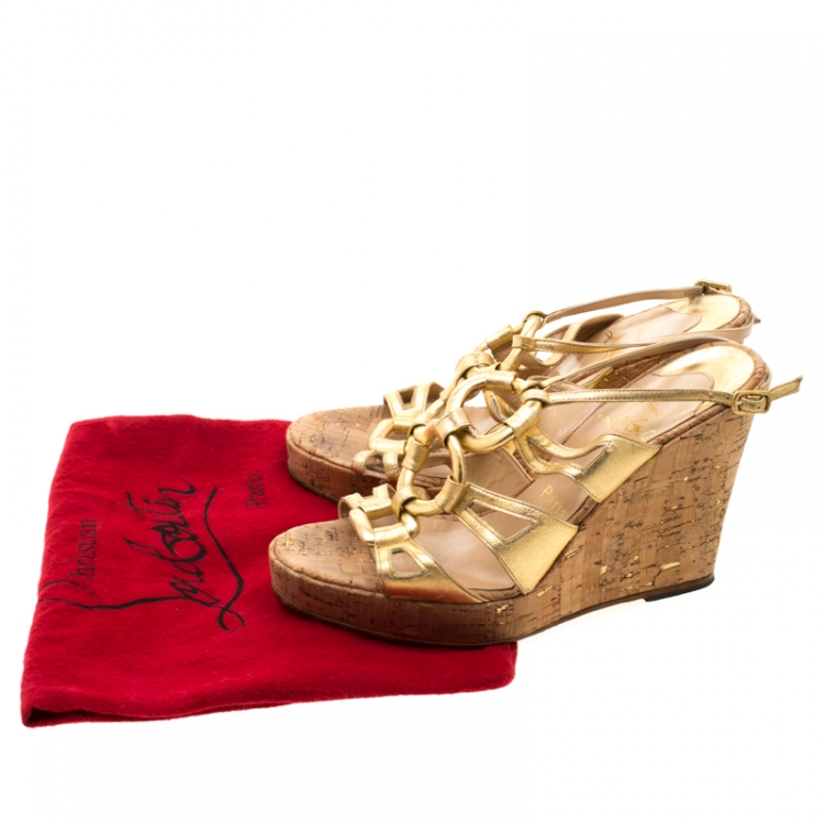Pre Owned Christian Louboutin Metallic Gold Leather Ankle Strap Cork Wedge Platform Sandals Size 38