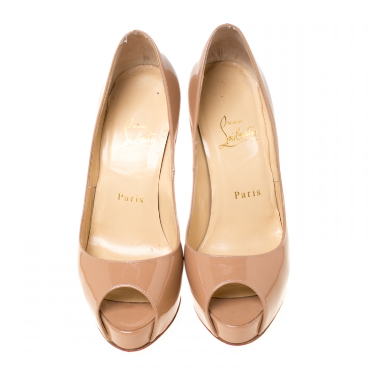 Pre Owned Christian Louboutin Beige Patent Leather Peep Toe Platform Pumps Size 37