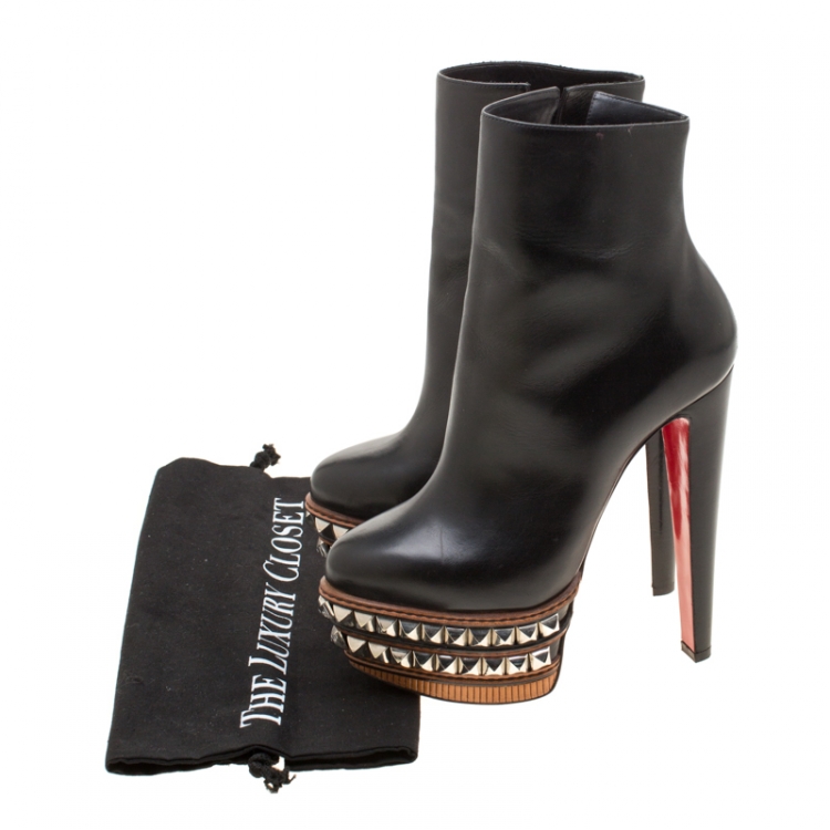 Pre Owned Christian Louboutin Black Leather Faolo Studded Platform Ankle Boots Size 38.5