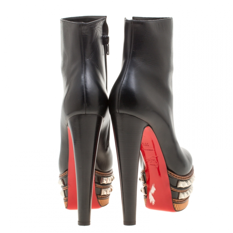 Pre Owned Christian Louboutin Black Leather Faolo Studded Platform Ankle Boots Size 38.5