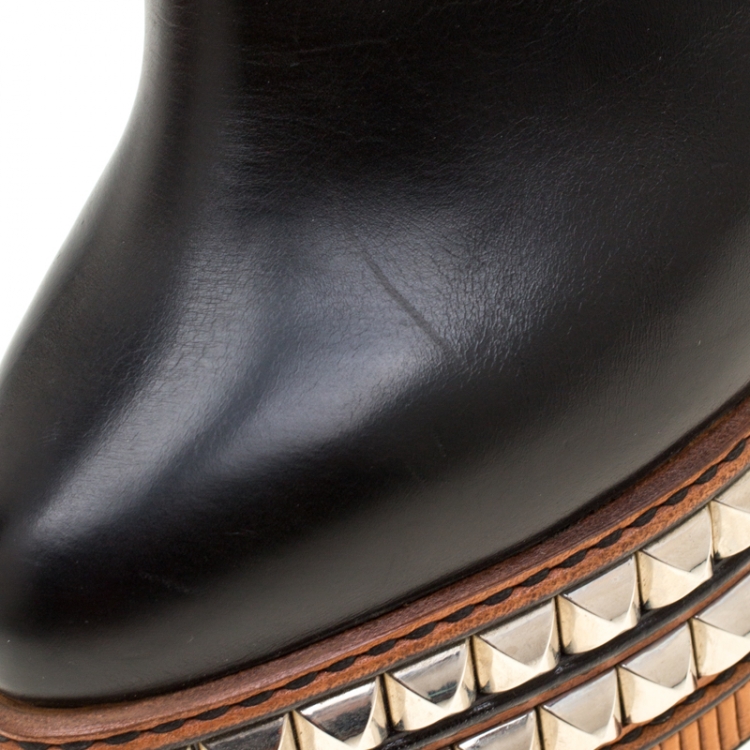 Pre Owned Christian Louboutin Black Leather Faolo Studded Platform Ankle Boots Size 38.5
