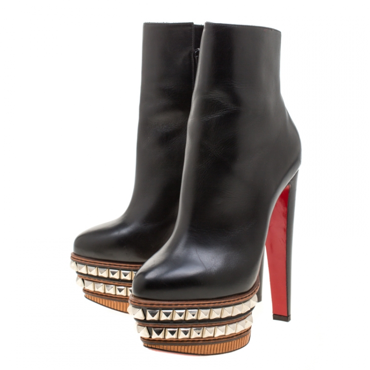 Pre Owned Christian Louboutin Black Leather Faolo Studded Platform Ankle Boots Size 38.5
