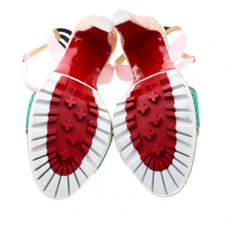 Pre Owned Christian Louboutin Multicolor Fabric And Leather Volumetric Ankle Strap Platform Sandals Size 38