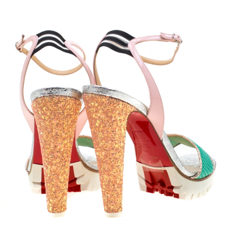 Pre Owned Christian Louboutin Multicolor Fabric And Leather Volumetric Ankle Strap Platform Sandals Size 38