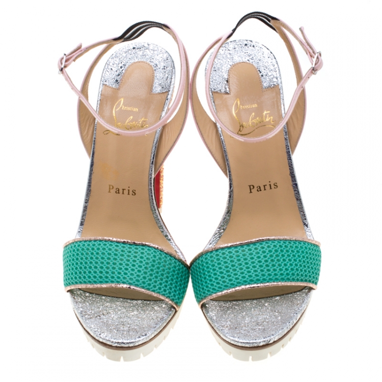 Pre Owned Christian Louboutin Multicolor Fabric And Leather Volumetric Ankle Strap Platform Sandals Size 38