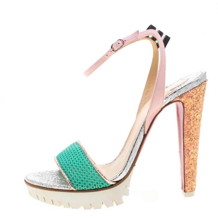 Pre Owned Christian Louboutin Multicolor Fabric And Leather Volumetric Ankle Strap Platform Sandals Size 38