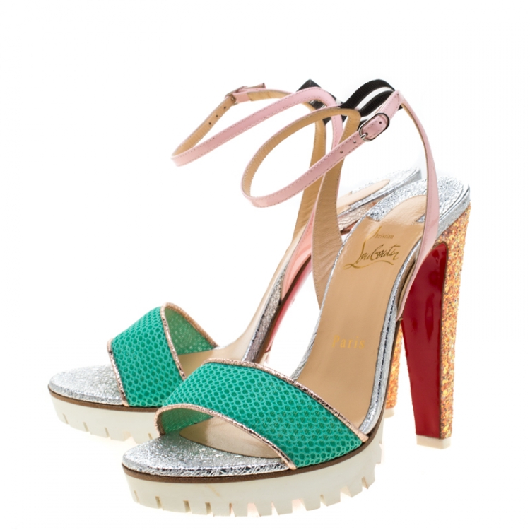 Pre Owned Christian Louboutin Multicolor Fabric And Leather Volumetric Ankle Strap Platform Sandals Size 38