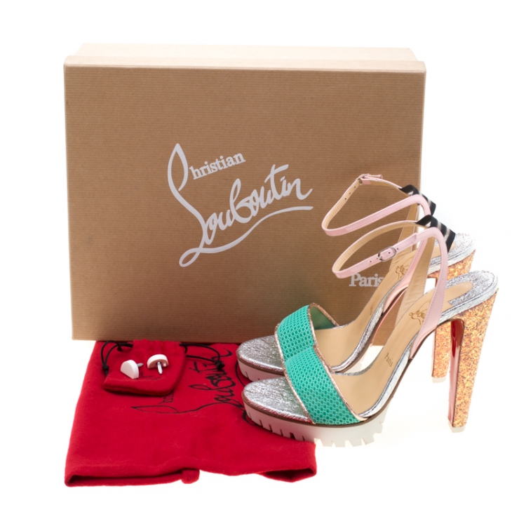 Pre Owned Christian Louboutin Multicolor Fabric And Leather Volumetric Ankle Strap Platform Sandals Size 38