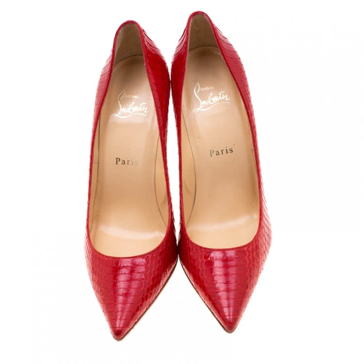 Pre Owned Christian Louboutin Rouge Lipstick Red Watersnake Leather Decollete Pointed Toe Pumps Size 39