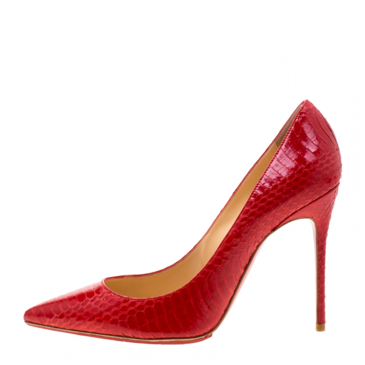 Pre Owned Christian Louboutin Rouge Lipstick Red Watersnake Leather Decollete Pointed Toe Pumps Size 39