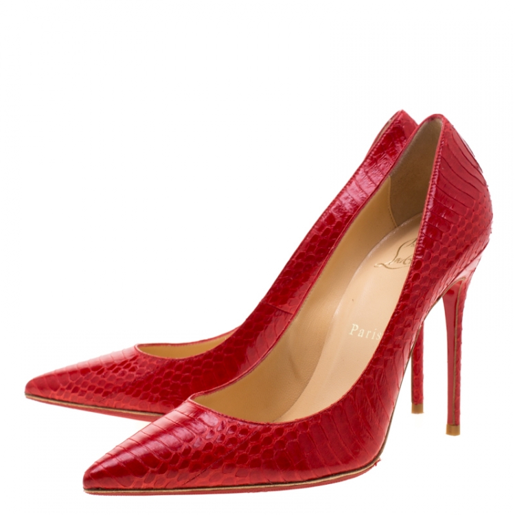 Pre Owned Christian Louboutin Rouge Lipstick Red Watersnake Leather Decollete Pointed Toe Pumps Size 39