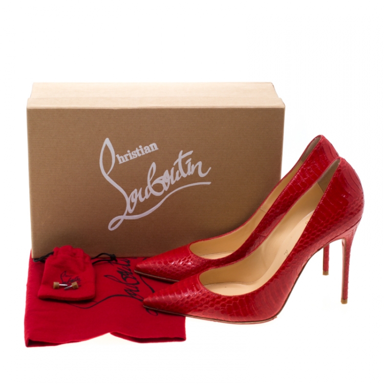 Pre Owned Christian Louboutin Rouge Lipstick Red Watersnake Leather Decollete Pointed Toe Pumps Size 39