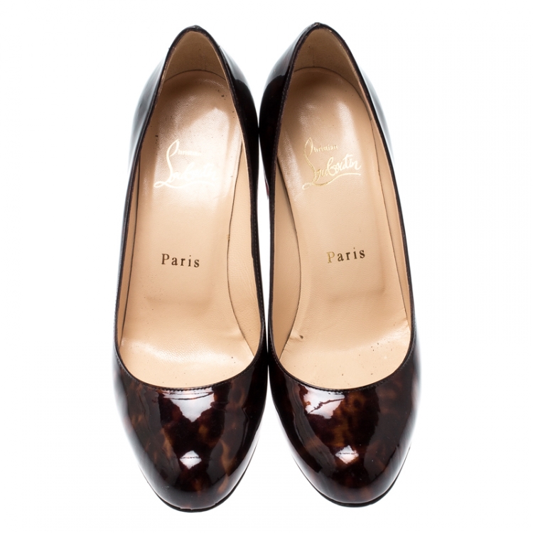 Pre Owned Christian Louboutin Brown Tortoise Patent Leather Miss Tack Pumps Size 37