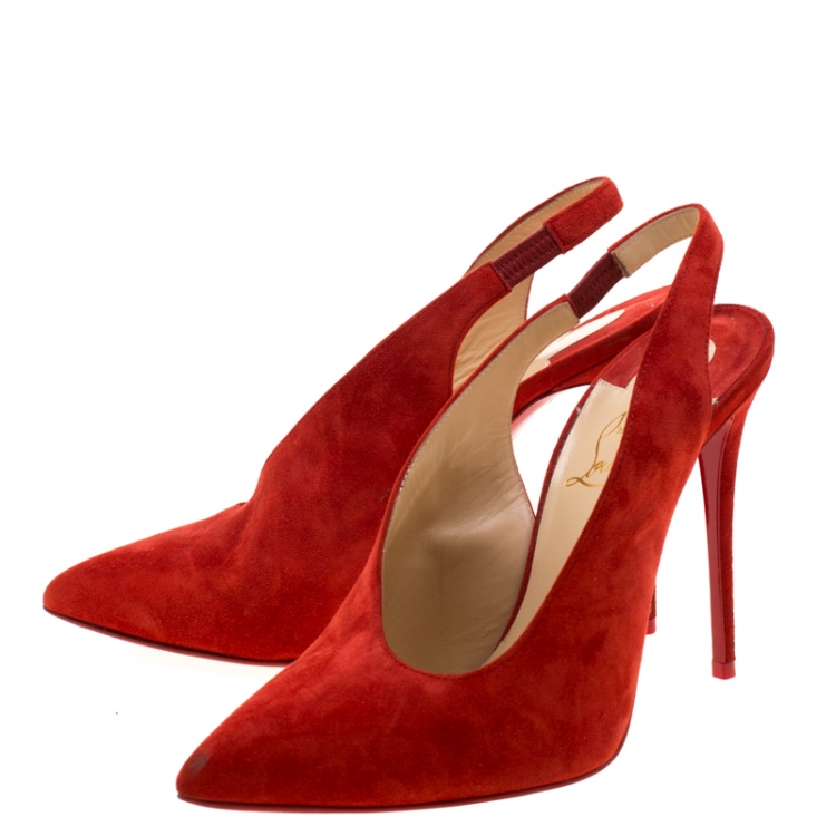 Pre Owned Christian Louboutin Red Suede Rivafish Pointed Toe Slingback Sandals Size 37