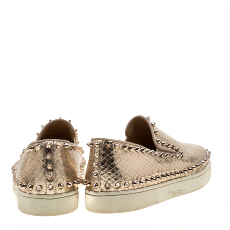 Pre Owned Christian Louboutin Metallic Gold Python Embossed Leather Pik Boat Slip On Sneakers Size 38.5