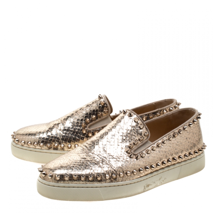 Pre Owned Christian Louboutin Metallic Gold Python Embossed Leather Pik Boat Slip On Sneakers Size 38.5