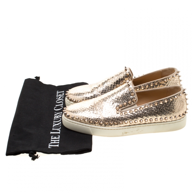 Pre Owned Christian Louboutin Metallic Gold Python Embossed Leather Pik Boat Slip On Sneakers Size 38.5