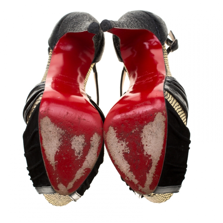 Pre Owned Christian Louboutin Black Patent Leather And Suede Cross Strap Platform Sandals Size 38