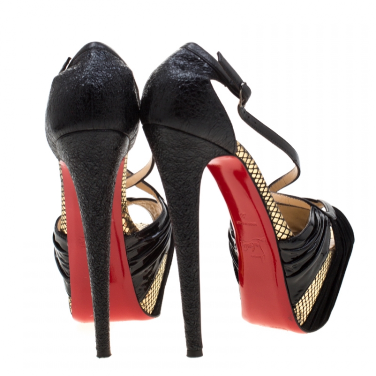 Pre Owned Christian Louboutin Black Patent Leather And Suede Cross Strap Platform Sandals Size 38