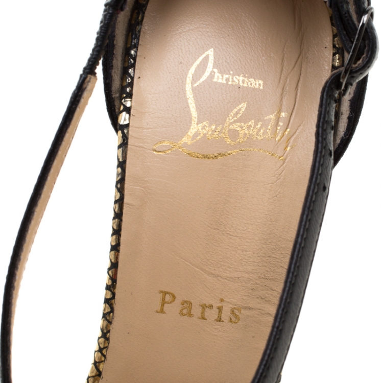 Pre Owned Christian Louboutin Black Patent Leather And Suede Cross Strap Platform Sandals Size 38