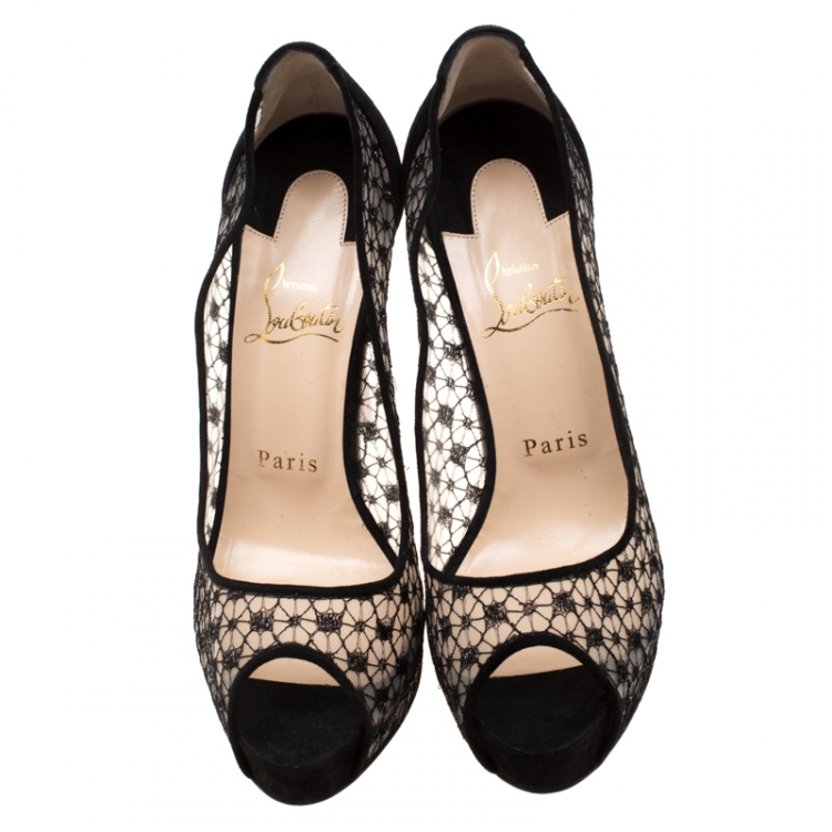 Pre Owned Christian Louboutin Lace And Suede Peep Toe Platform Pumps Size 37