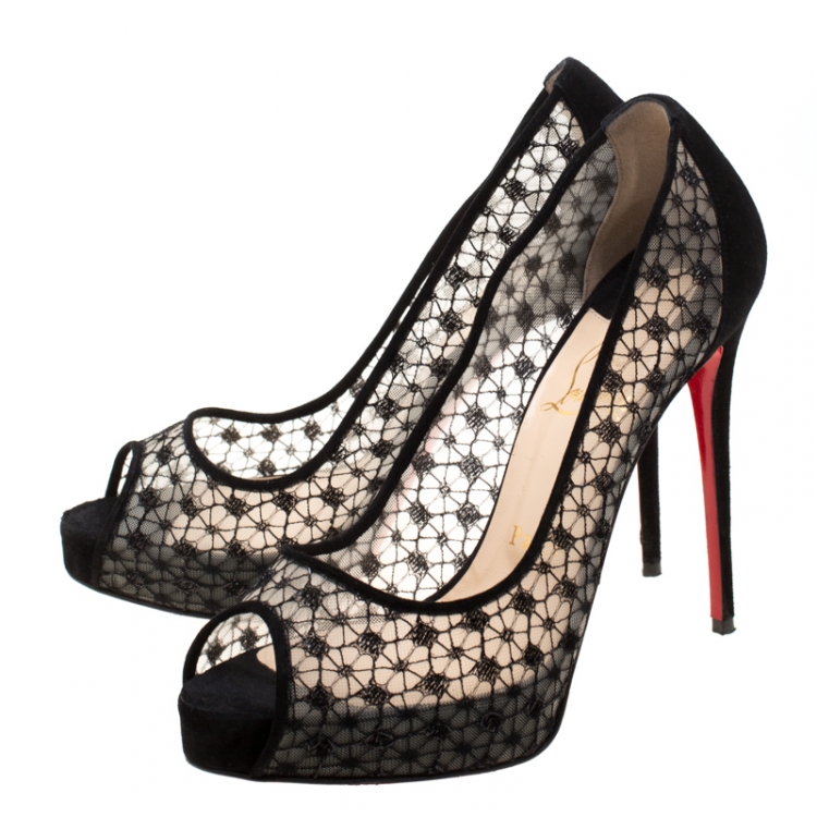 Pre Owned Christian Louboutin Lace And Suede Peep Toe Platform Pumps Size 37