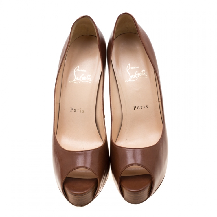 Pre Owned Christian Louboutin Brown Leather Peep Toe Pumps 39