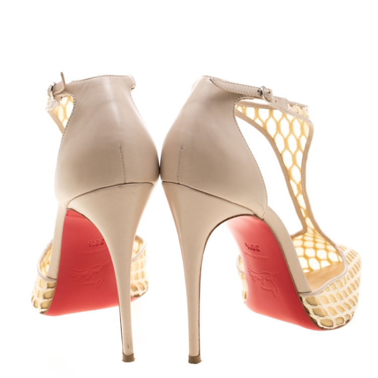 Pre Owned Christian Louboutin Beige Lace Salonu Pointed Toe T Strap Sandals Size 38.5