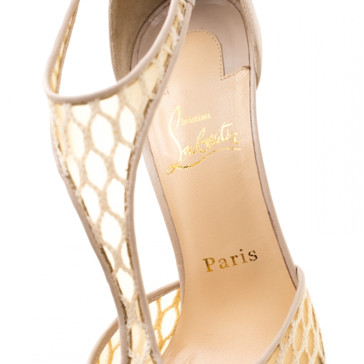 Pre Owned Christian Louboutin Beige Lace Salonu Pointed Toe T Strap Sandals Size 38.5