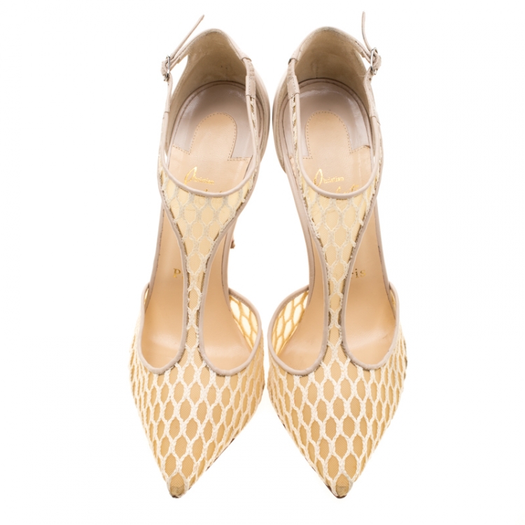 Pre Owned Christian Louboutin Beige Lace Salonu Pointed Toe T Strap Sandals Size 38.5