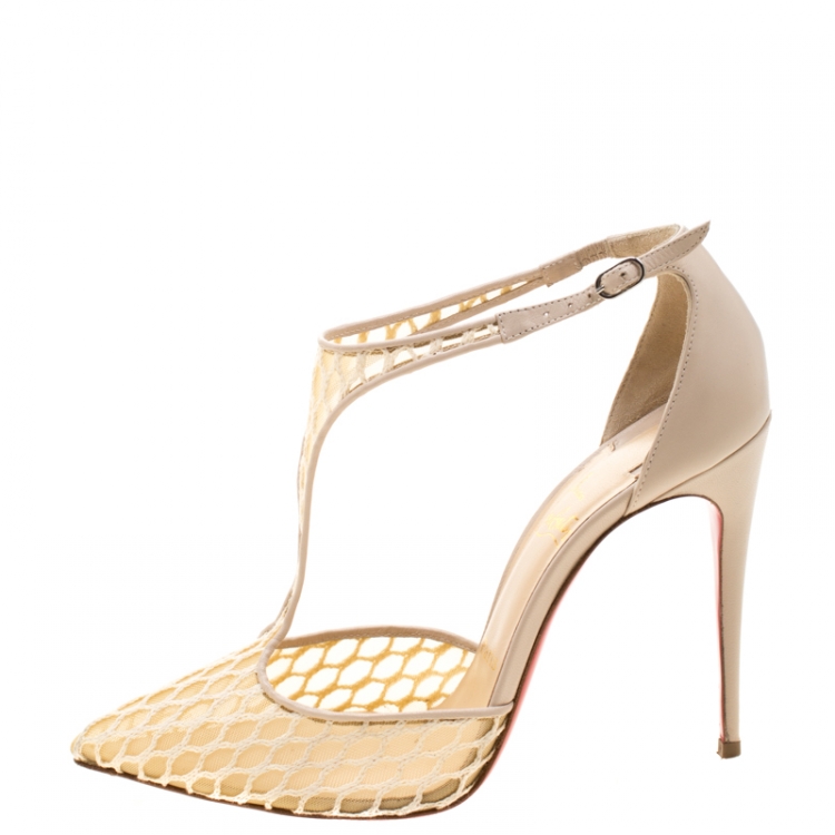 Pre Owned Christian Louboutin Beige Lace Salonu Pointed Toe T Strap Sandals Size 38.5