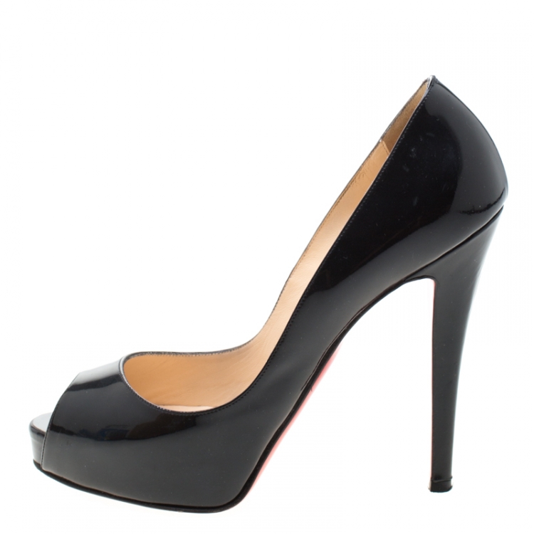 Pre Owned Christian Louboutin Black Patent Leather Hyper Prive Peep Toe Platform Pumps Size 37.5