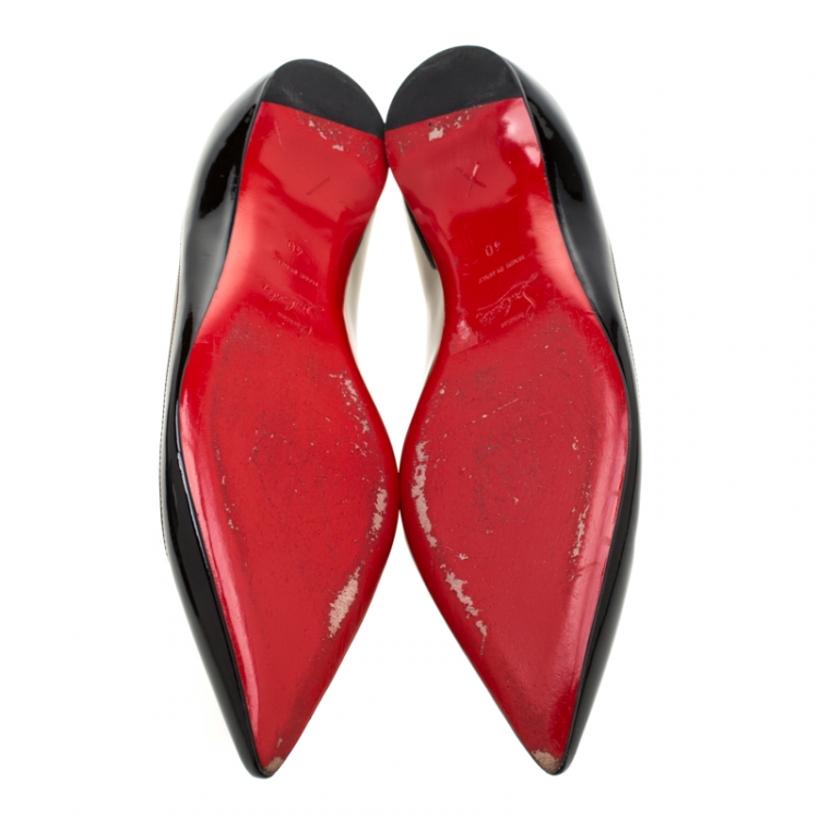 Pre Owned Christian Louboutin Black/Beige Patent Leather And PVC Paulina Pointed Toe Flats Size 40