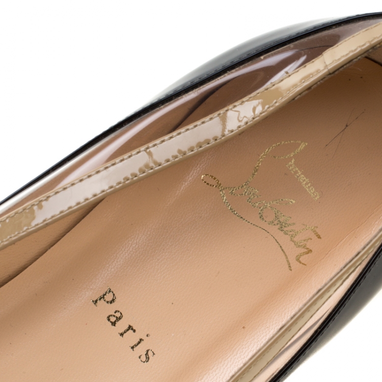 Pre Owned Christian Louboutin Black/Beige Patent Leather And PVC Paulina Pointed Toe Flats Size 40