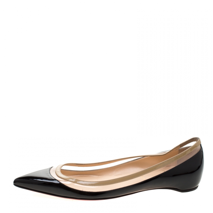 Pre Owned Christian Louboutin Black/Beige Patent Leather And PVC Paulina Pointed Toe Flats Size 40