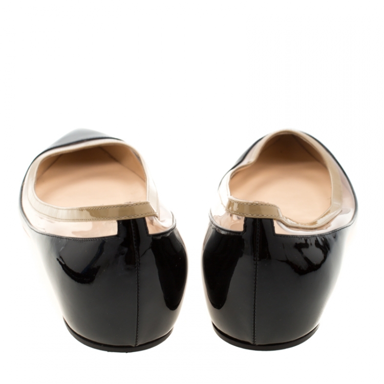 Pre Owned Christian Louboutin Black/Beige Patent Leather And PVC Paulina Pointed Toe Flats Size 40