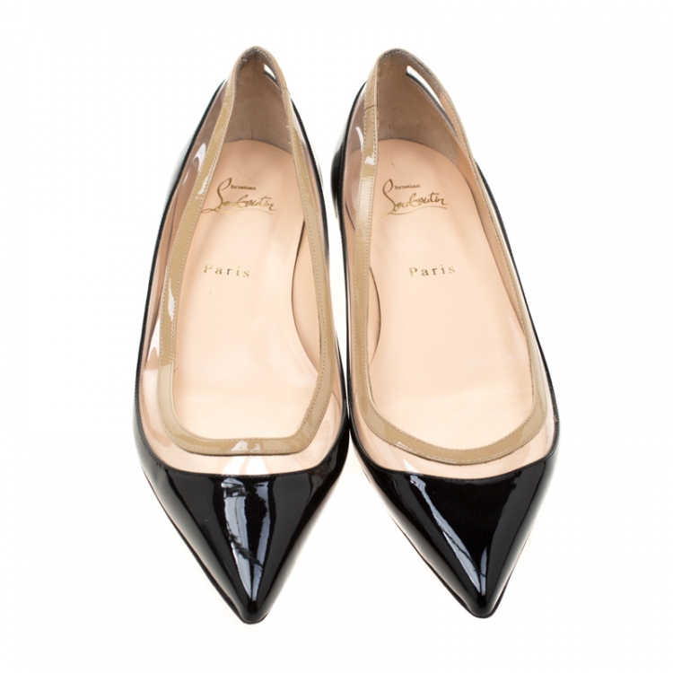 Pre Owned Christian Louboutin Black/Beige Patent Leather And PVC Paulina Pointed Toe Flats Size 40