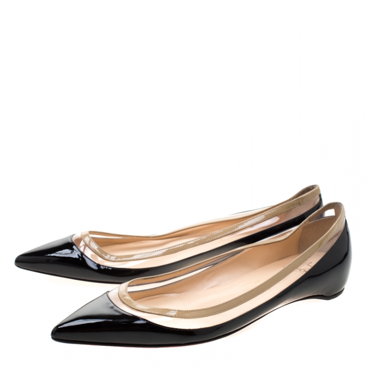 Pre Owned Christian Louboutin Black/Beige Patent Leather And PVC Paulina Pointed Toe Flats Size 40