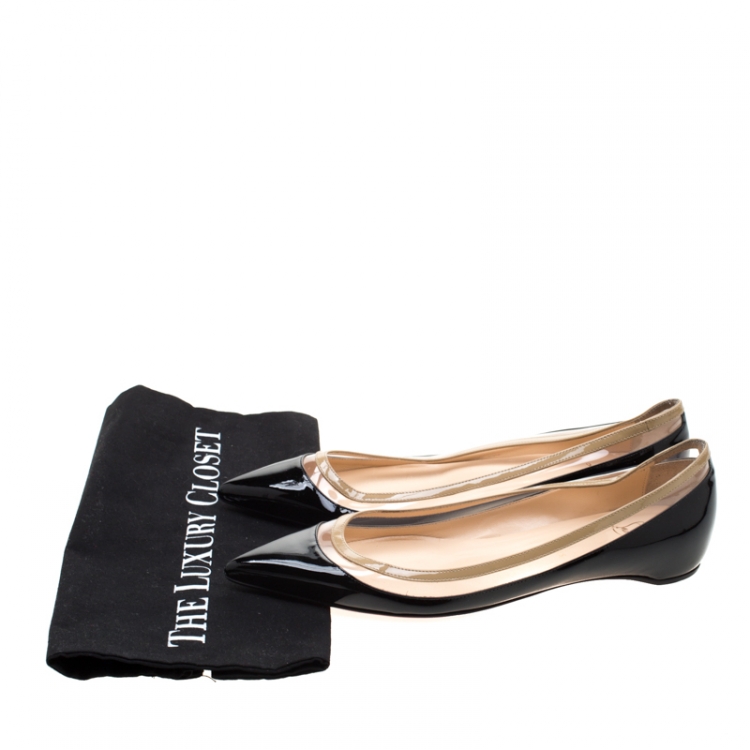 Pre Owned Christian Louboutin Black/Beige Patent Leather And PVC Paulina Pointed Toe Flats Size 40