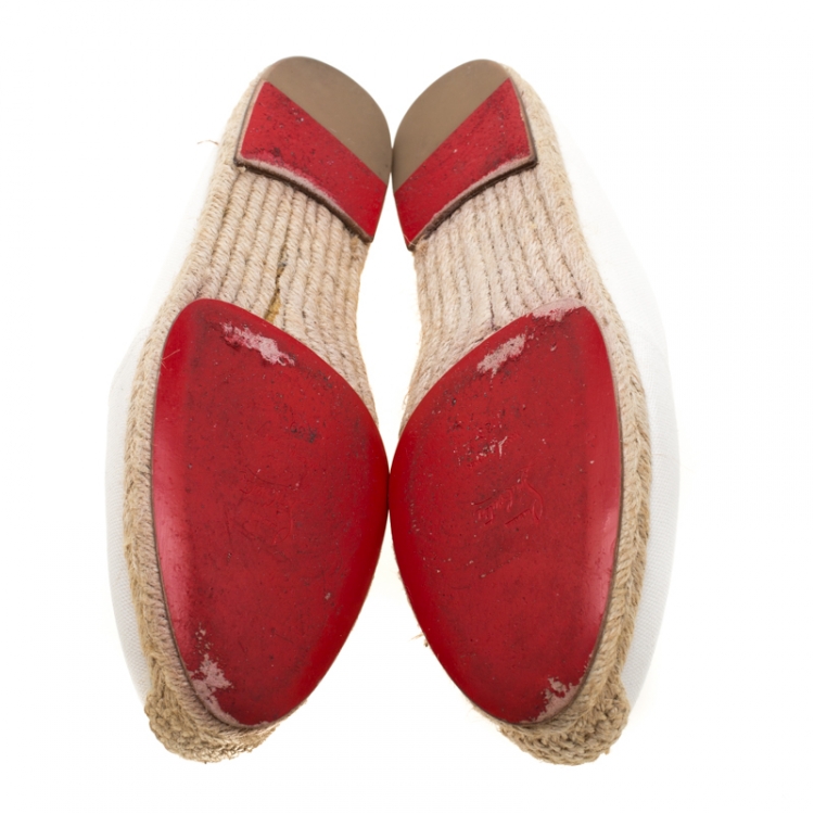 Pre Owned Christian Louboutin White Canvas Gala Embroidered Crest Espadrille Loafers Size 39