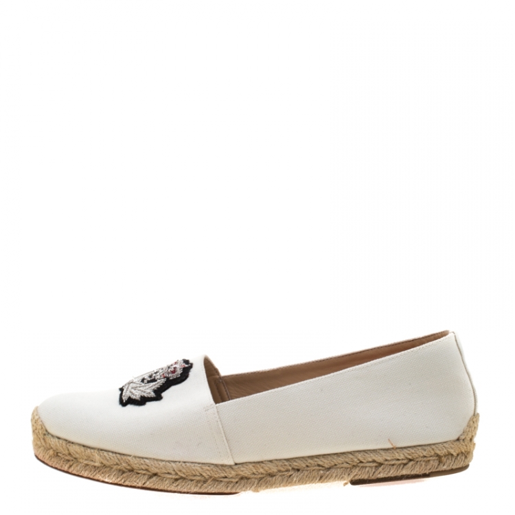 Pre Owned Christian Louboutin White Canvas Gala Embroidered Crest Espadrille Loafers Size 39