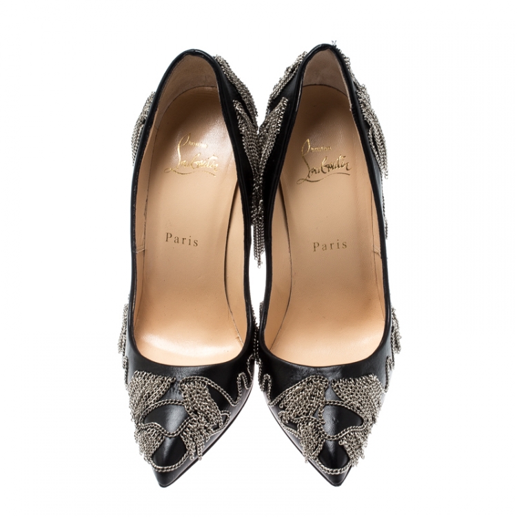 Pre Owned Christian Louboutin Black Leather Dolly Party Chain Embellished Pointed Toe Pumps Size 37.5
