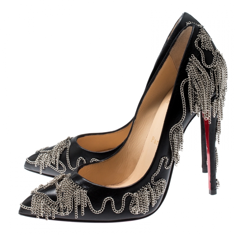 Pre Owned Christian Louboutin Black Leather Dolly Party Chain Embellished Pointed Toe Pumps Size 37.5