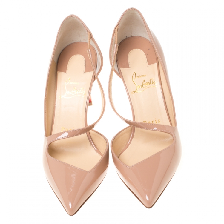 Pre Owned Christian Louboutin Beige Patent Leather Jumping Cross Strap Pumps Size 35.5